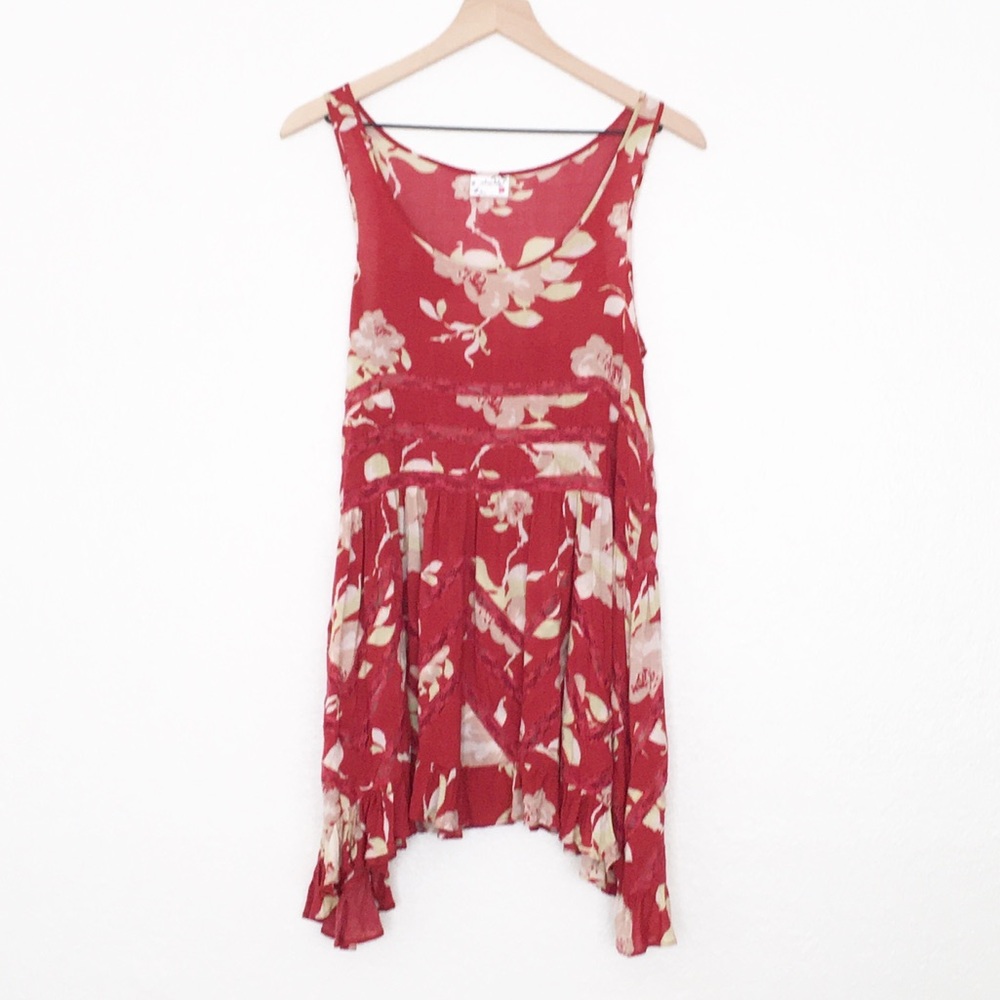 Free People Voile and Lace Trapeze Slip Dress Red Floral